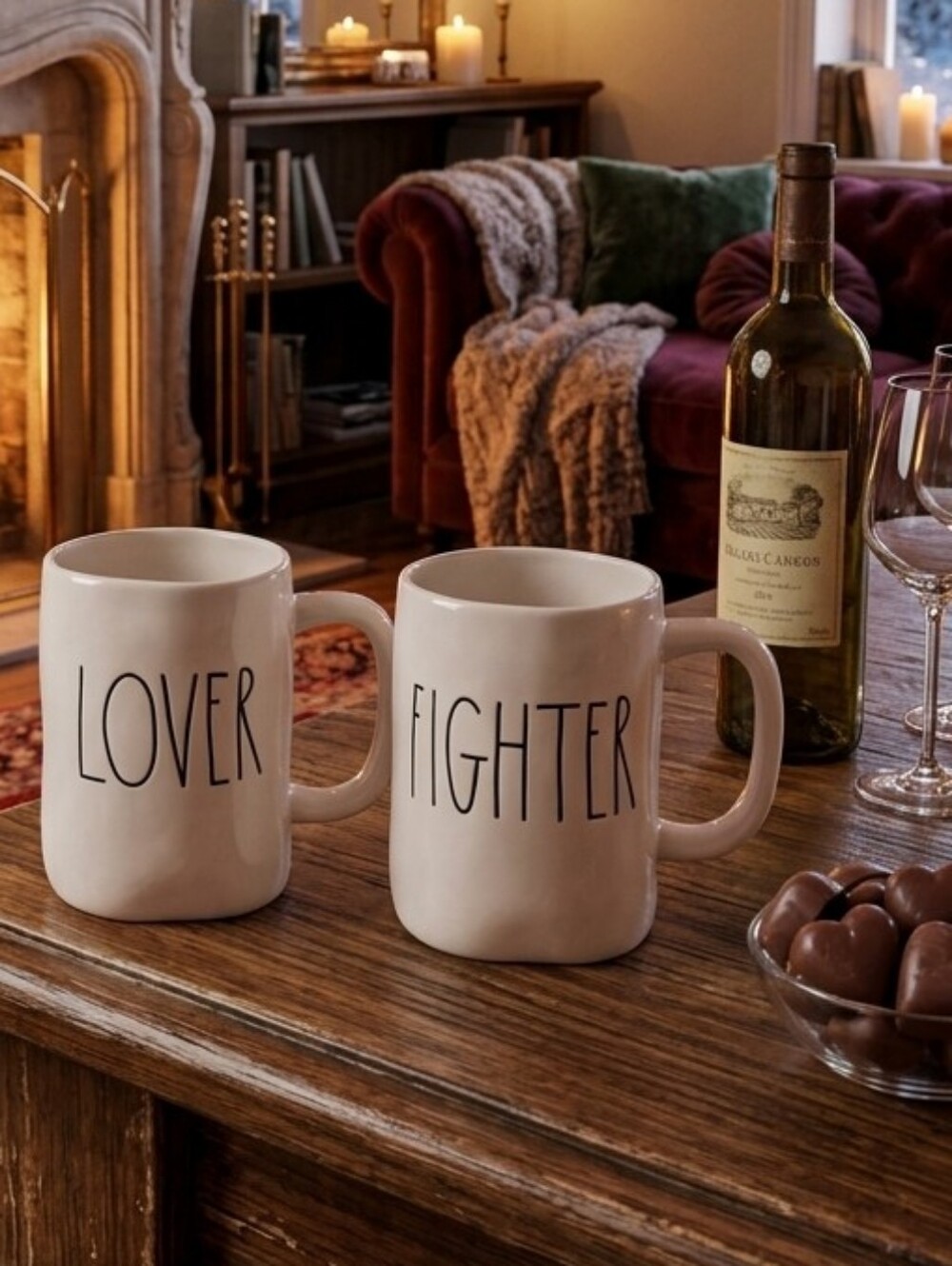 RAE DUNN Lover & Fighter Ceramic Mug Set - 2pc Cream/White